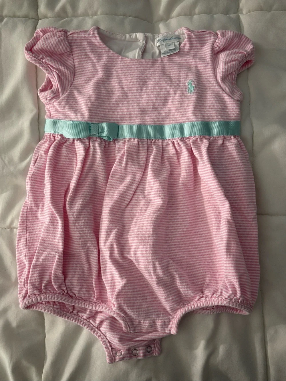 Ralph Lauren Baby Girls Pink Striped Bubble Romper | 18M | Ribbon Waist